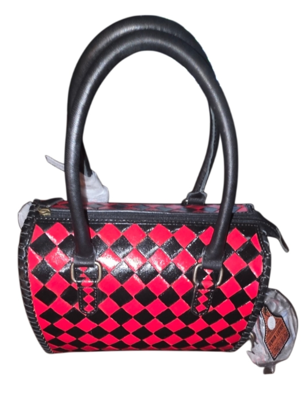 Brand New - Large Red and Black Checkered Speedy Handbag with Crossbody Strap